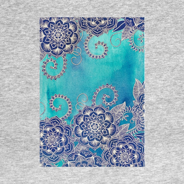 Mermaid's Garden - Navy & Teal Floral on Watercolor by micklyn